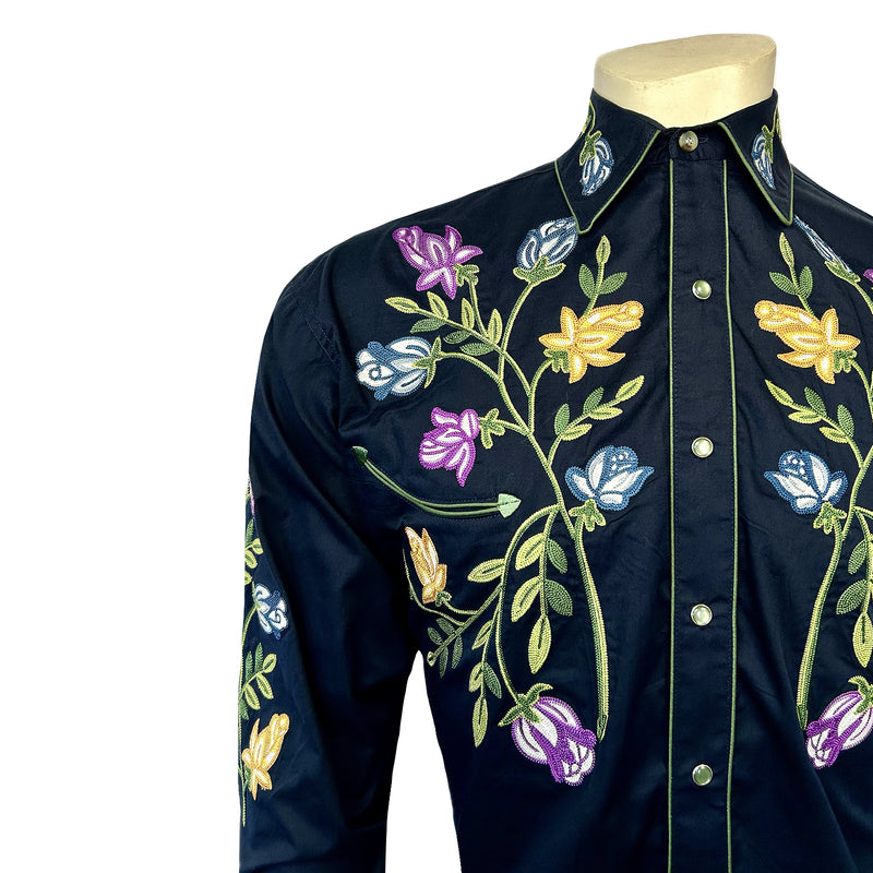 Men's Vintage Navy Floral Crochet Embroidered Western Shirt