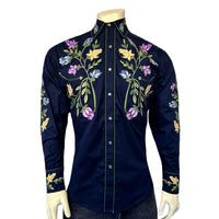 Men's Vintage Navy Floral Crochet Embroidered Western Shirt