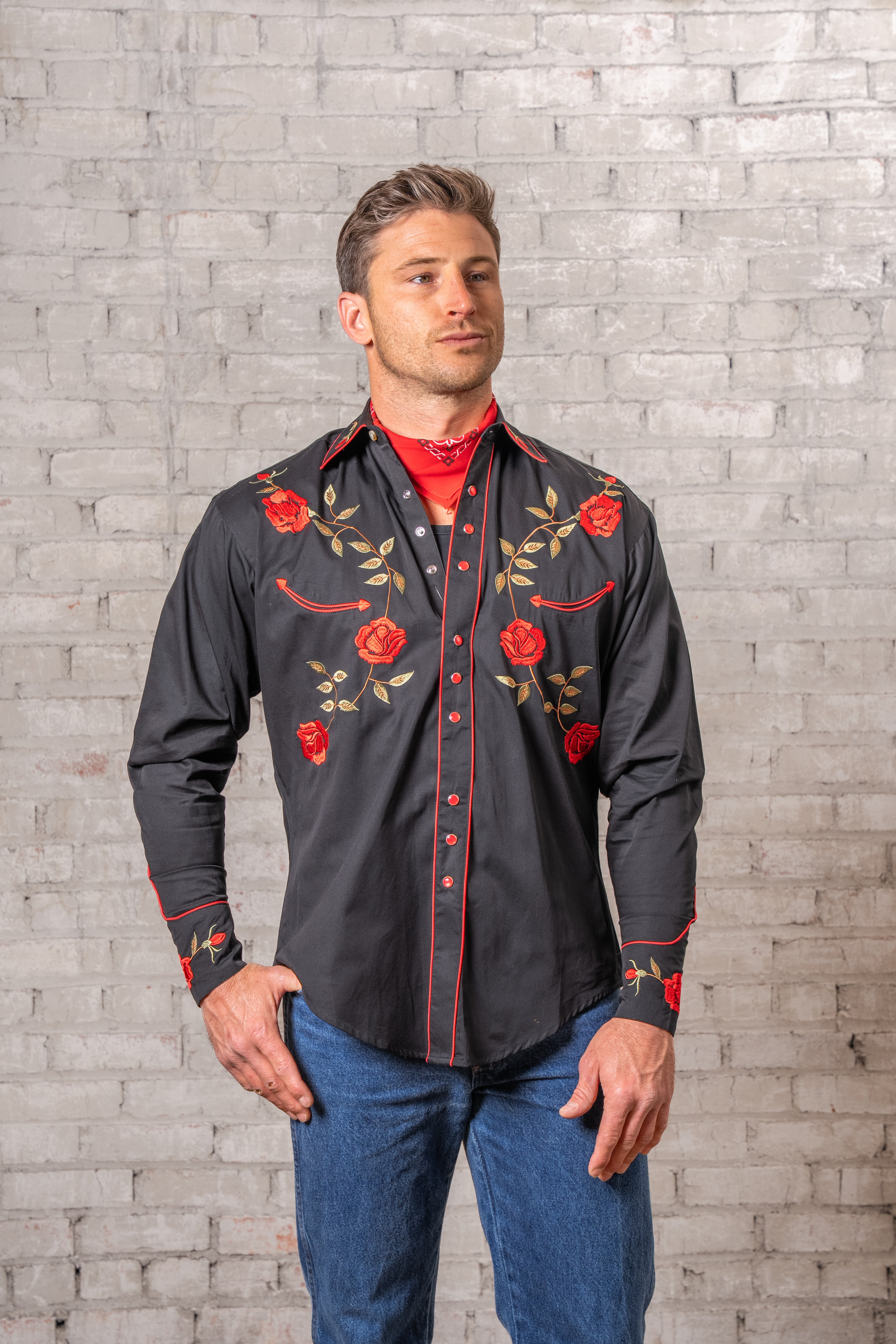 70s Rockmount ウエスタンシャツ ローズ柄プリント 15.5 Rockmount Women's Vintage Black Roses Embroidered Western Shirt
