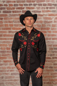 Men's Vintage Black Rose Embroidered Western Shirt