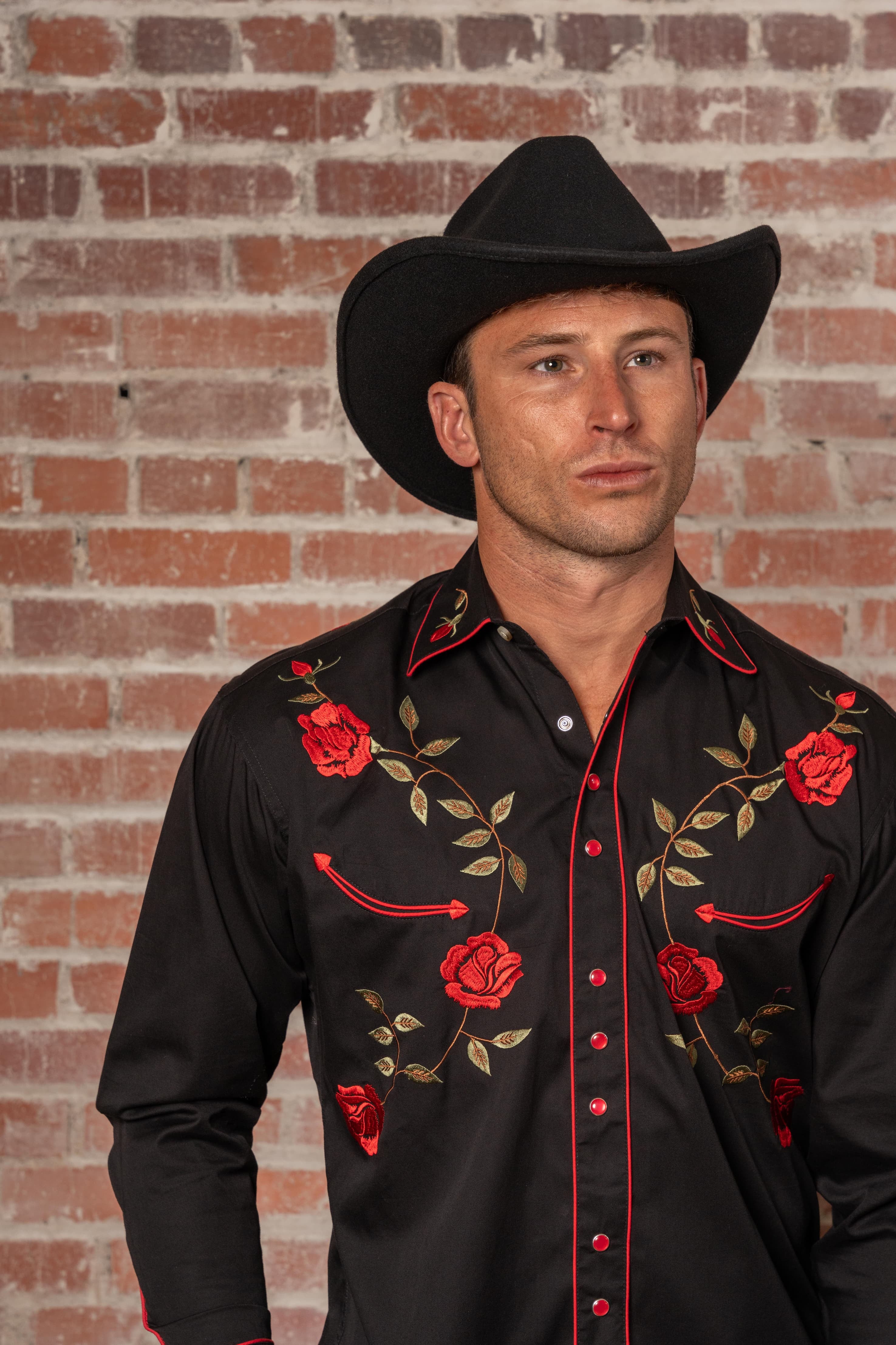 Rockmount Men's Vintage Black with Roses Embroidery Western Shirt
