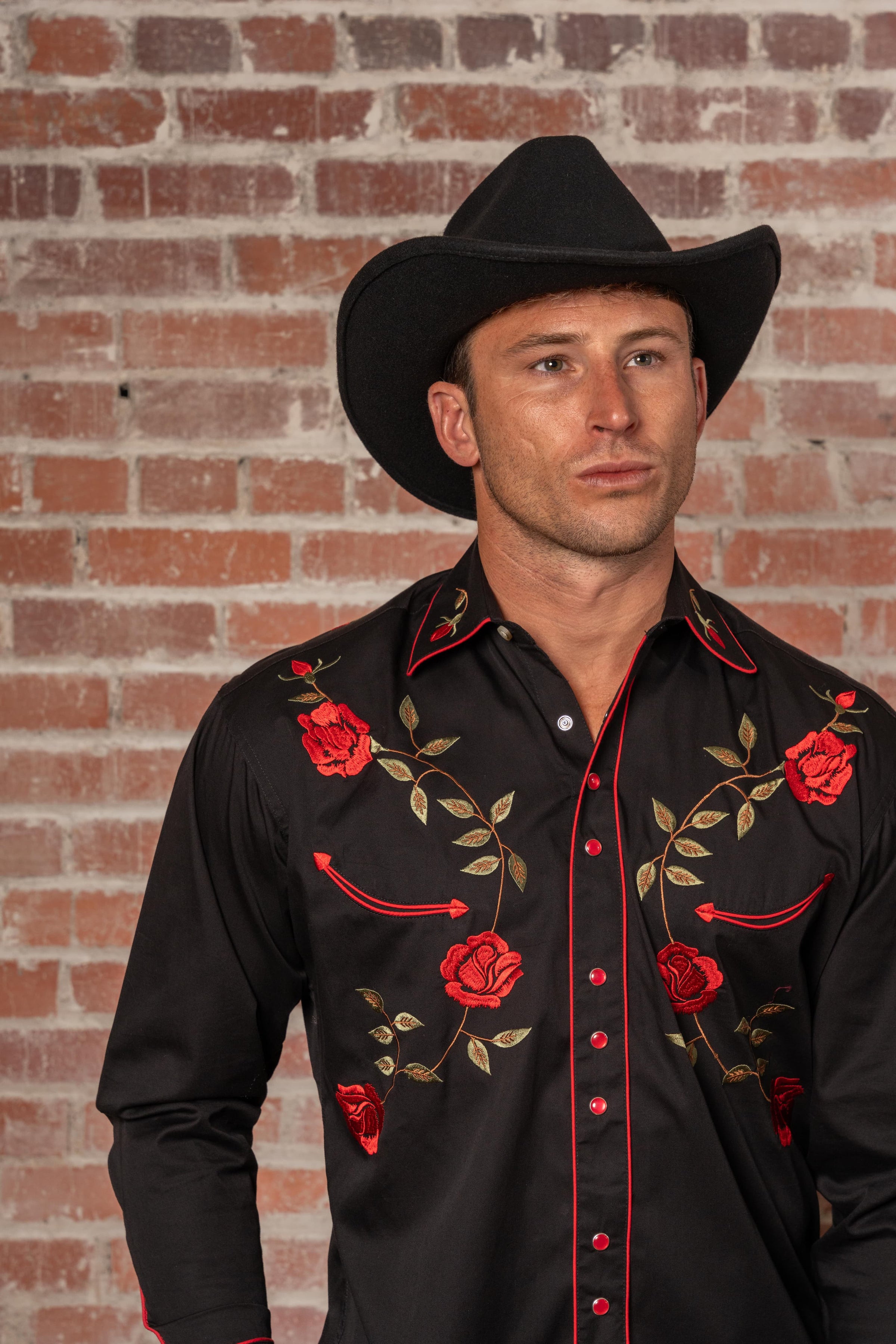 Men's Vintage Black Rose Embroidered Western Shirt