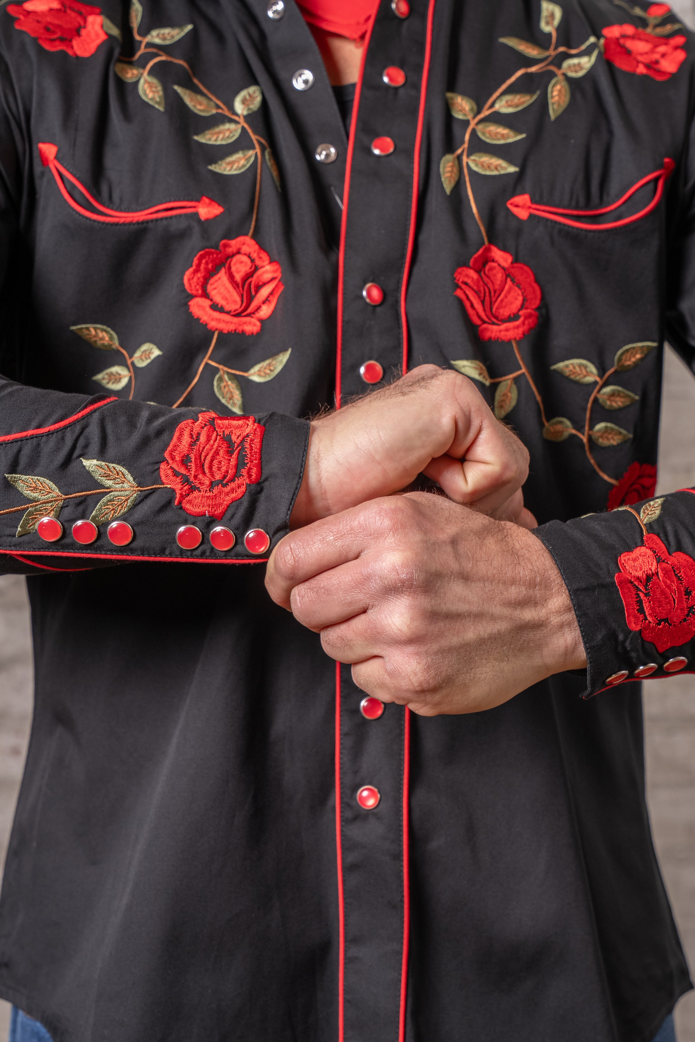 black dress shirt with red roses black red dress shirt Black & Red Rose Cowboy Embroidered Dress Shirt for Men Small