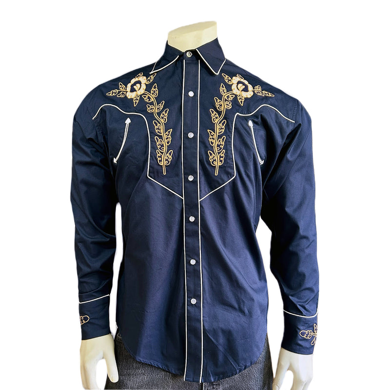Men's Navy Vintage Floral Embroidered Western shirt