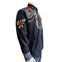 Men's Vintage 2-Tone Floral Embroidered Western Shirt in Black & Grey