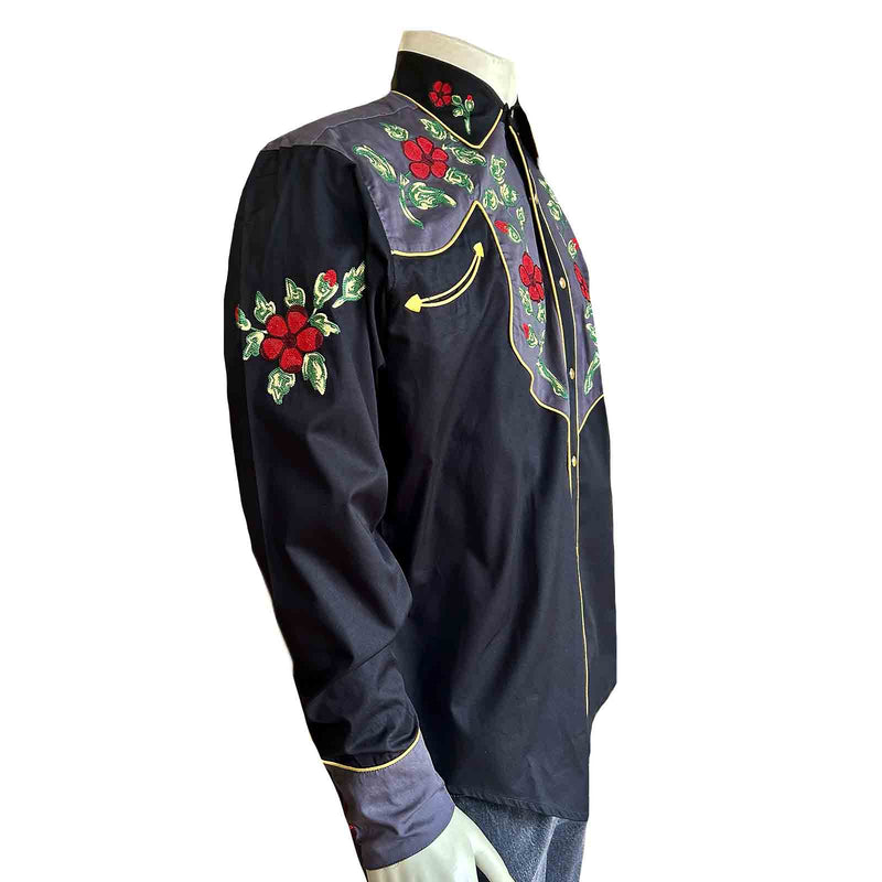 Men's Floral 2-Tone Black & Grey Embroidered Western Shirt