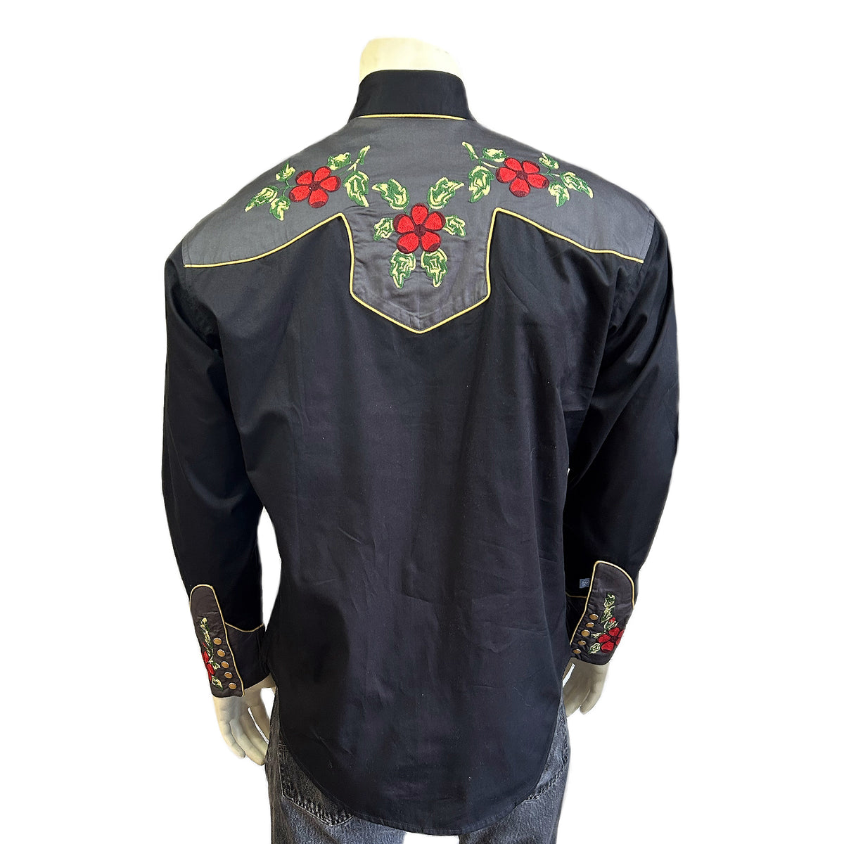 Men's Vintage 2-Tone Floral Embroidered Western Shirt in Black & Grey