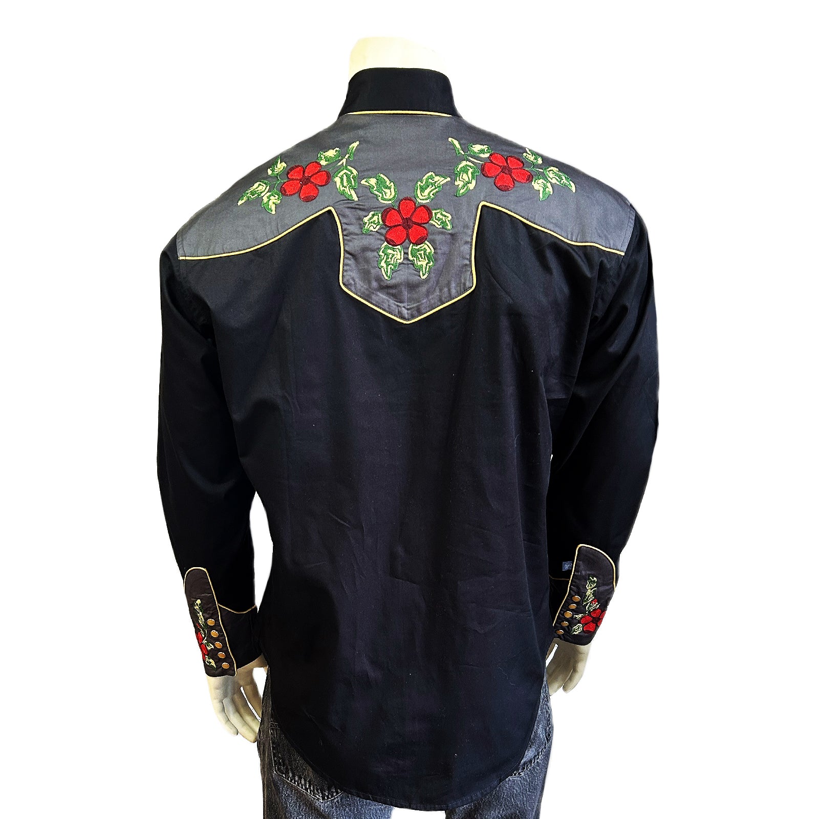 Men's Vintage 2-Tone Floral Embroidered Western Shirt in Black & Grey