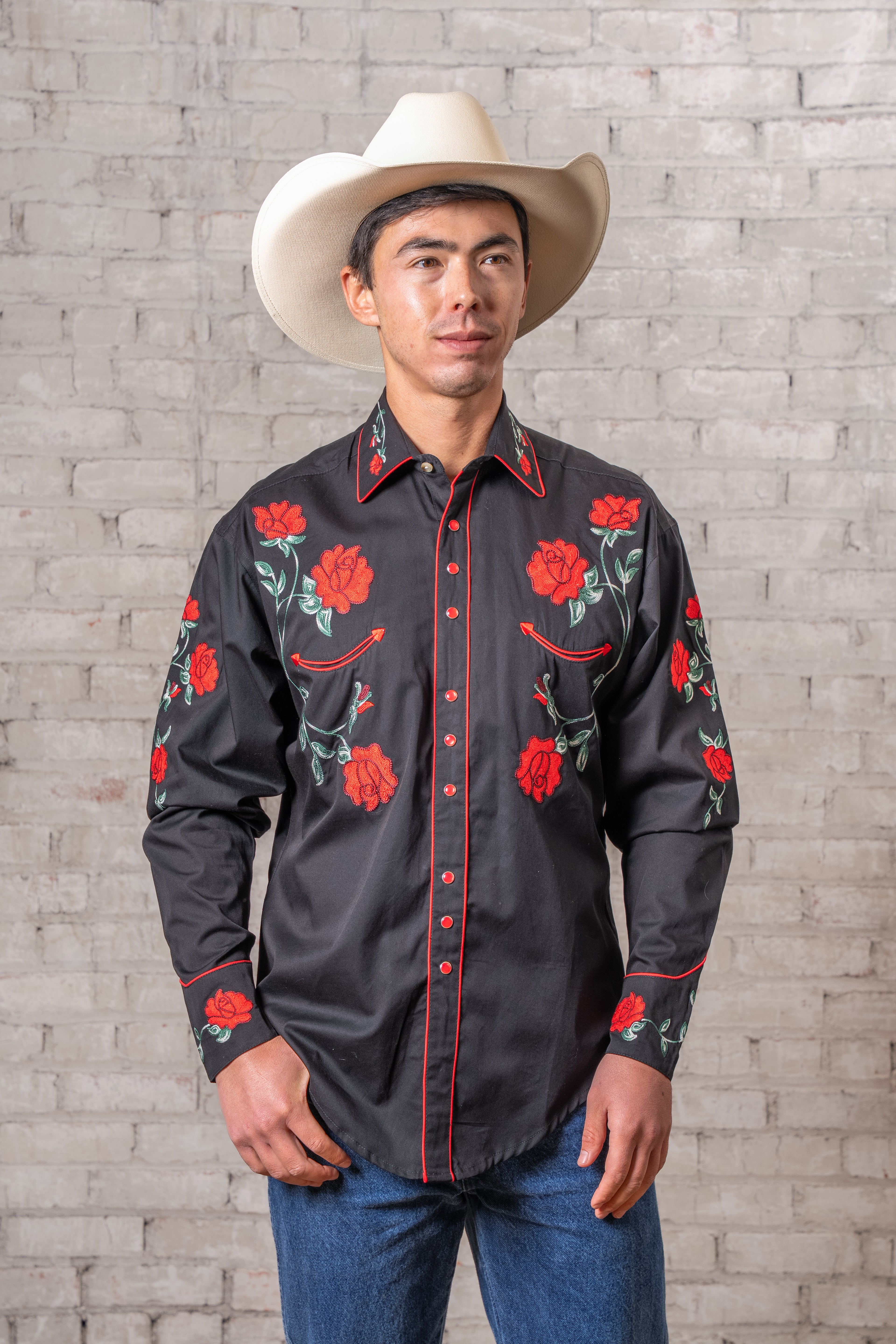 Rockmount Men's Vintage Black Crochet Red Floral Embroidered