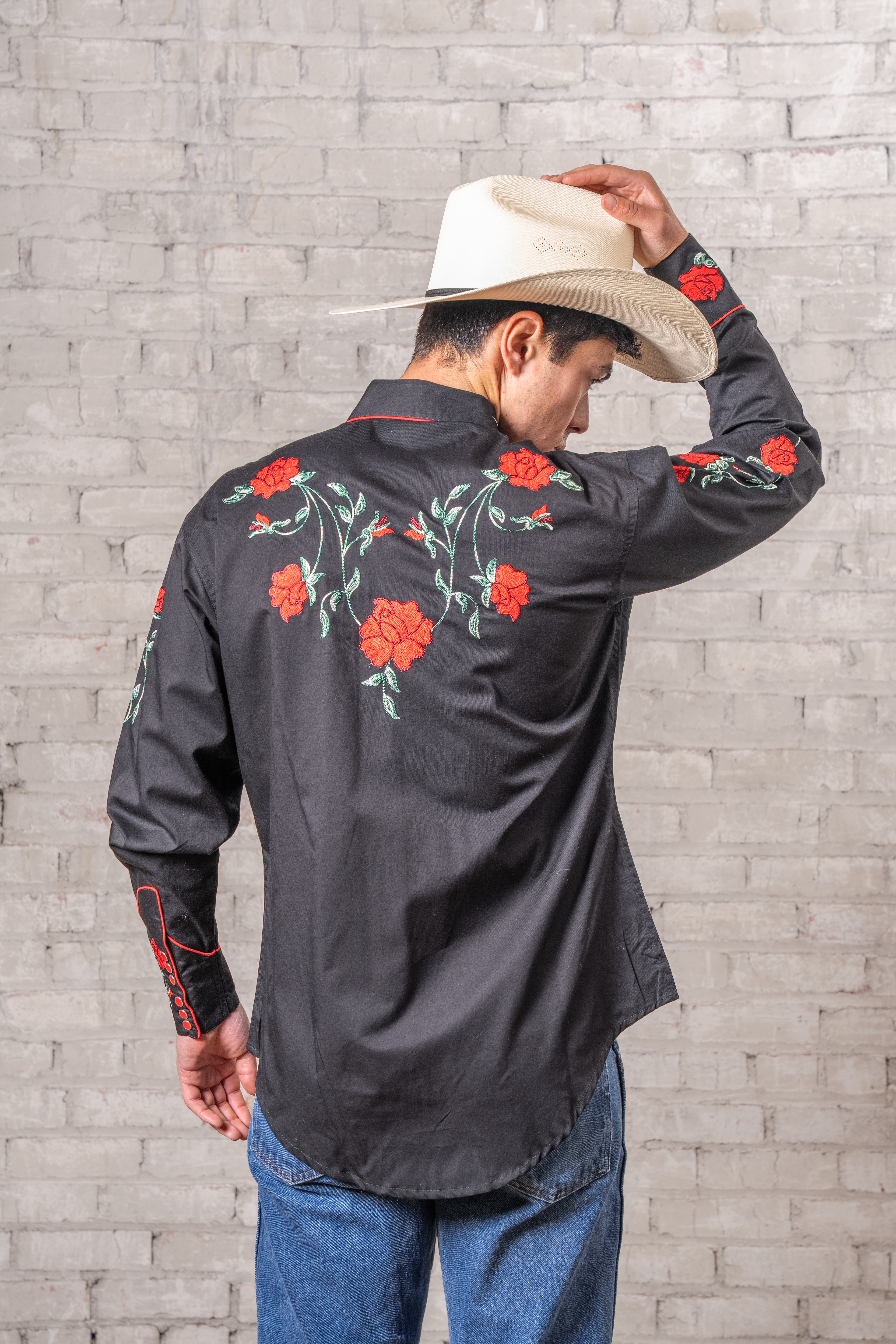 Rockmount Men's Vintage Black Crochet Red Floral Embroidered