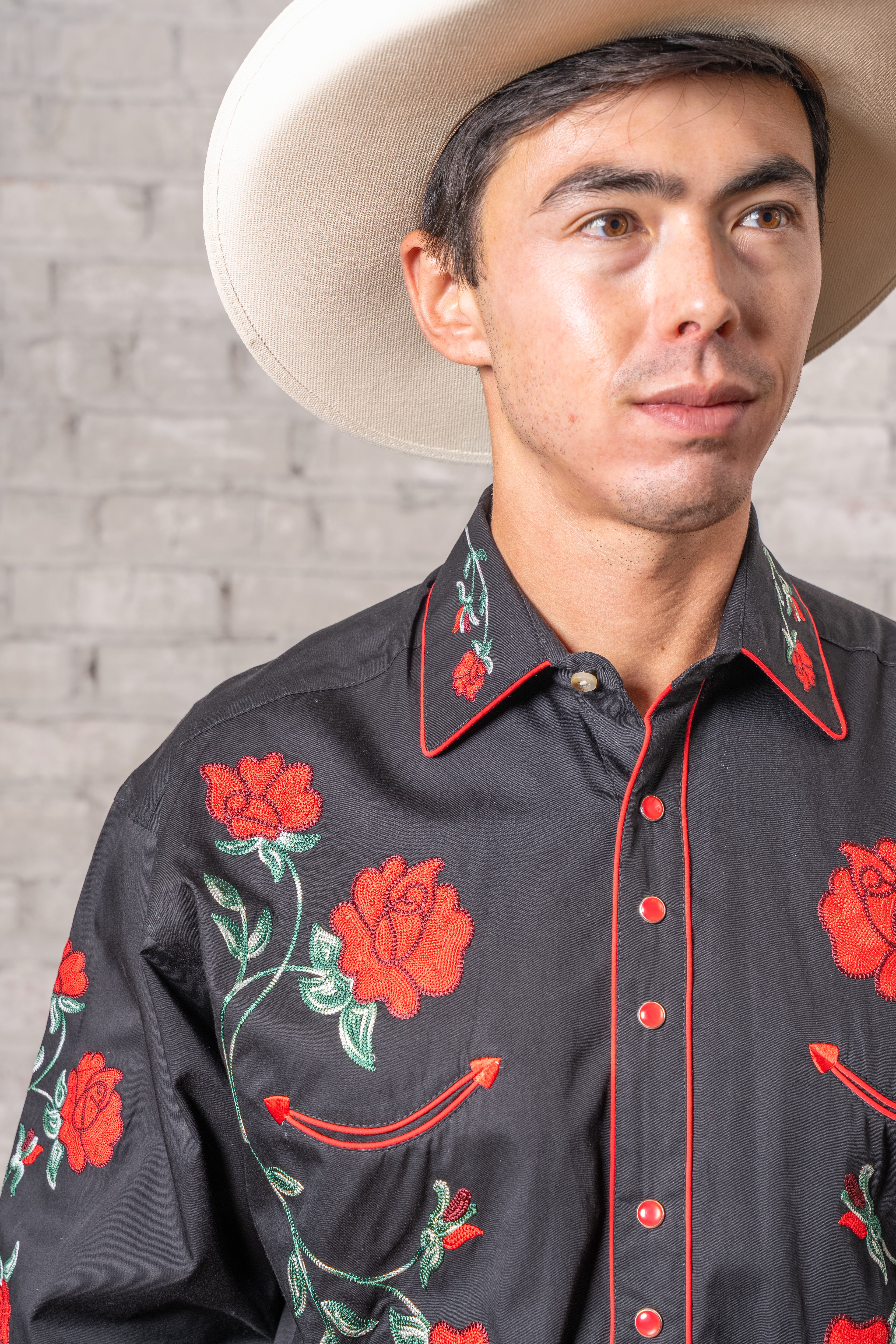 Rockmount Men's Vintage Black Crochet Red Floral Embroidered