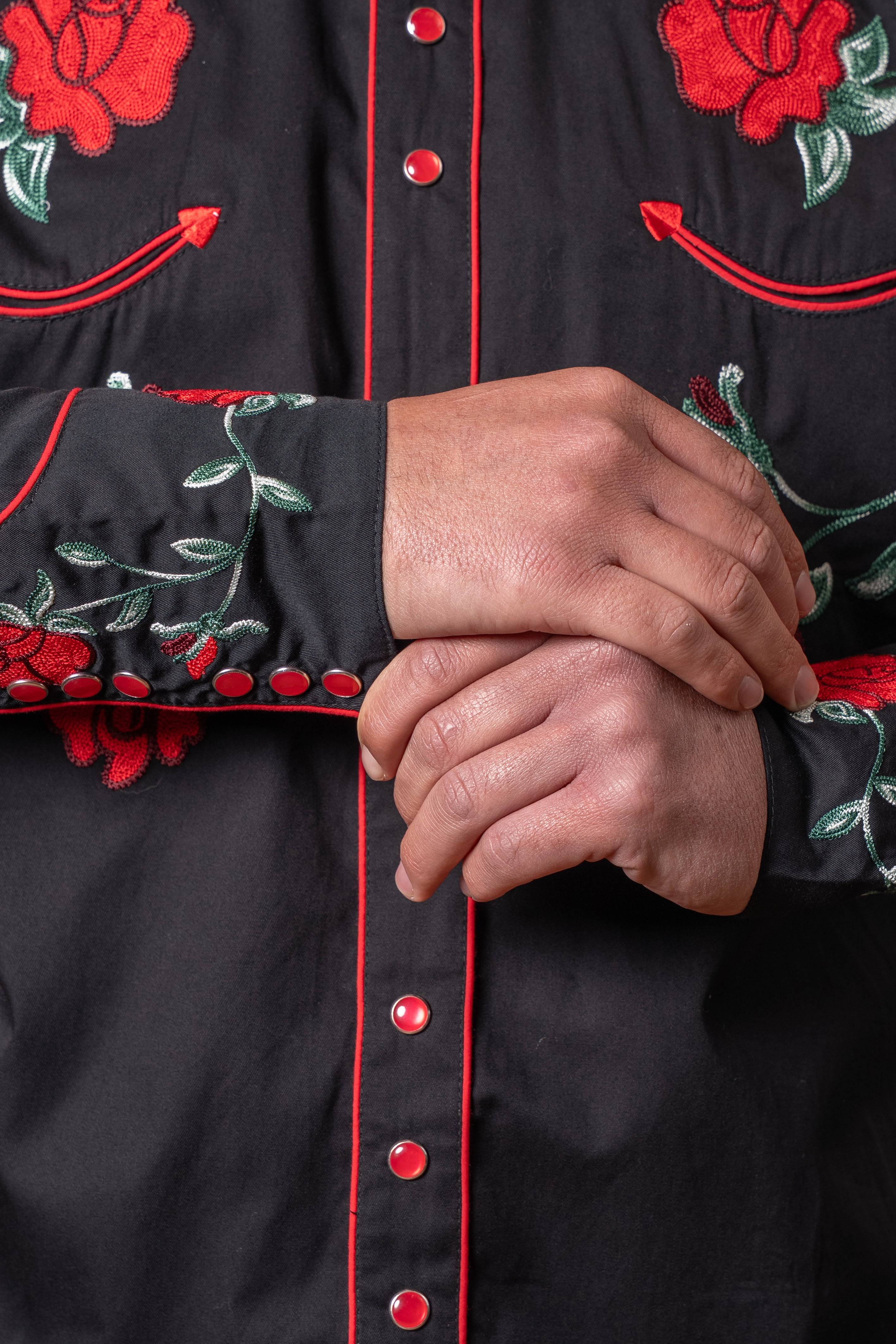 Rockmount Men's Vintage Black Crochet Red Floral Embroidered