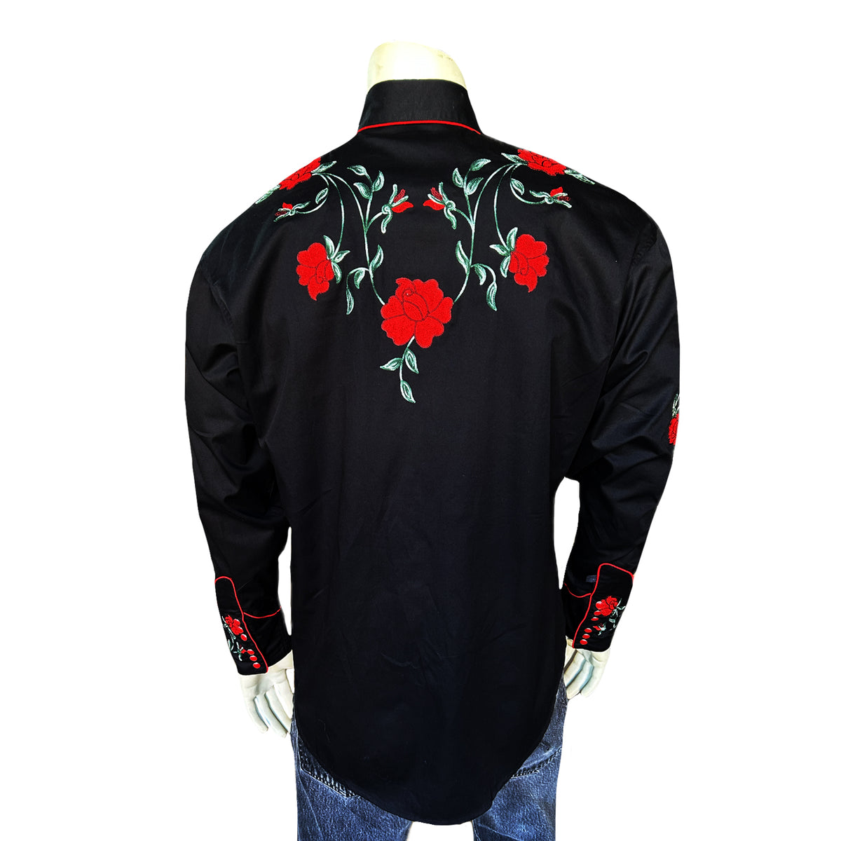 Men's Vintage Black Crochet Rose Floral Embroidered Western Shirt