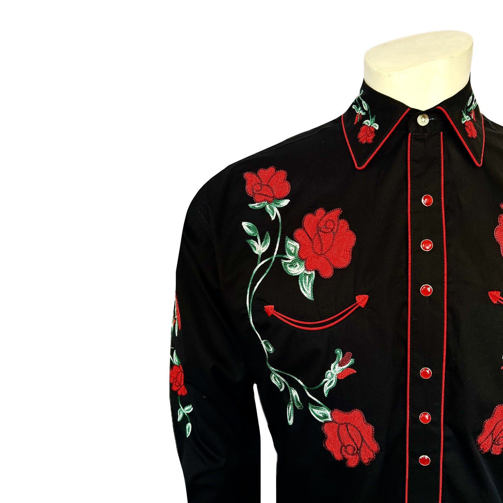 black and red mens dress shirt Men's Vintage Black Crochet Rose Floral Embroidered Western Shirt