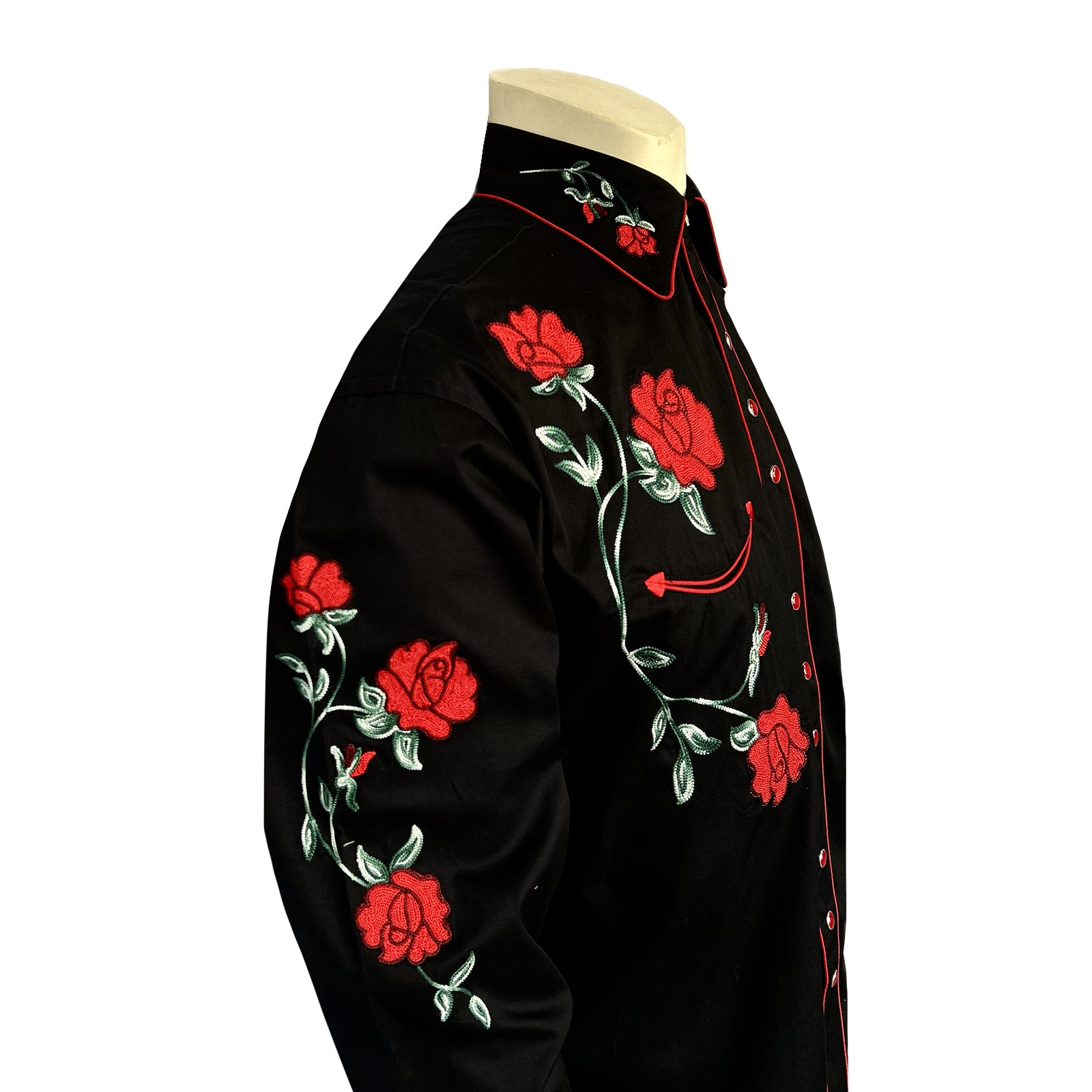 Men's Vintage Black Crochet Rose Floral Embroidered Western Shirt