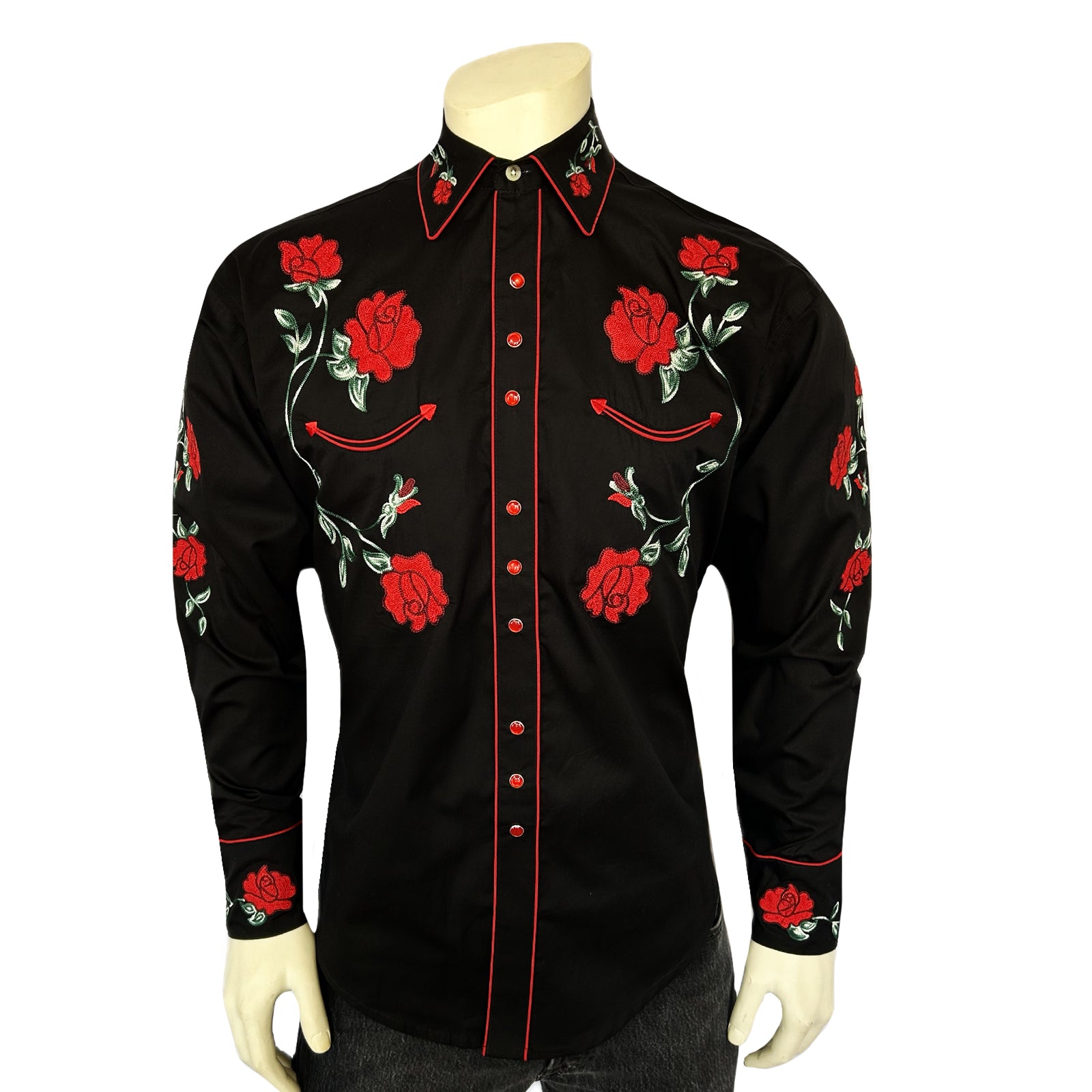 mens black and red dress shirt Men's Vintage Black Crochet Rose Floral Embroidered Western Shirt