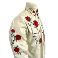 Men’s Vintage Khaki Crochet Rose Embroidered Western Shirt