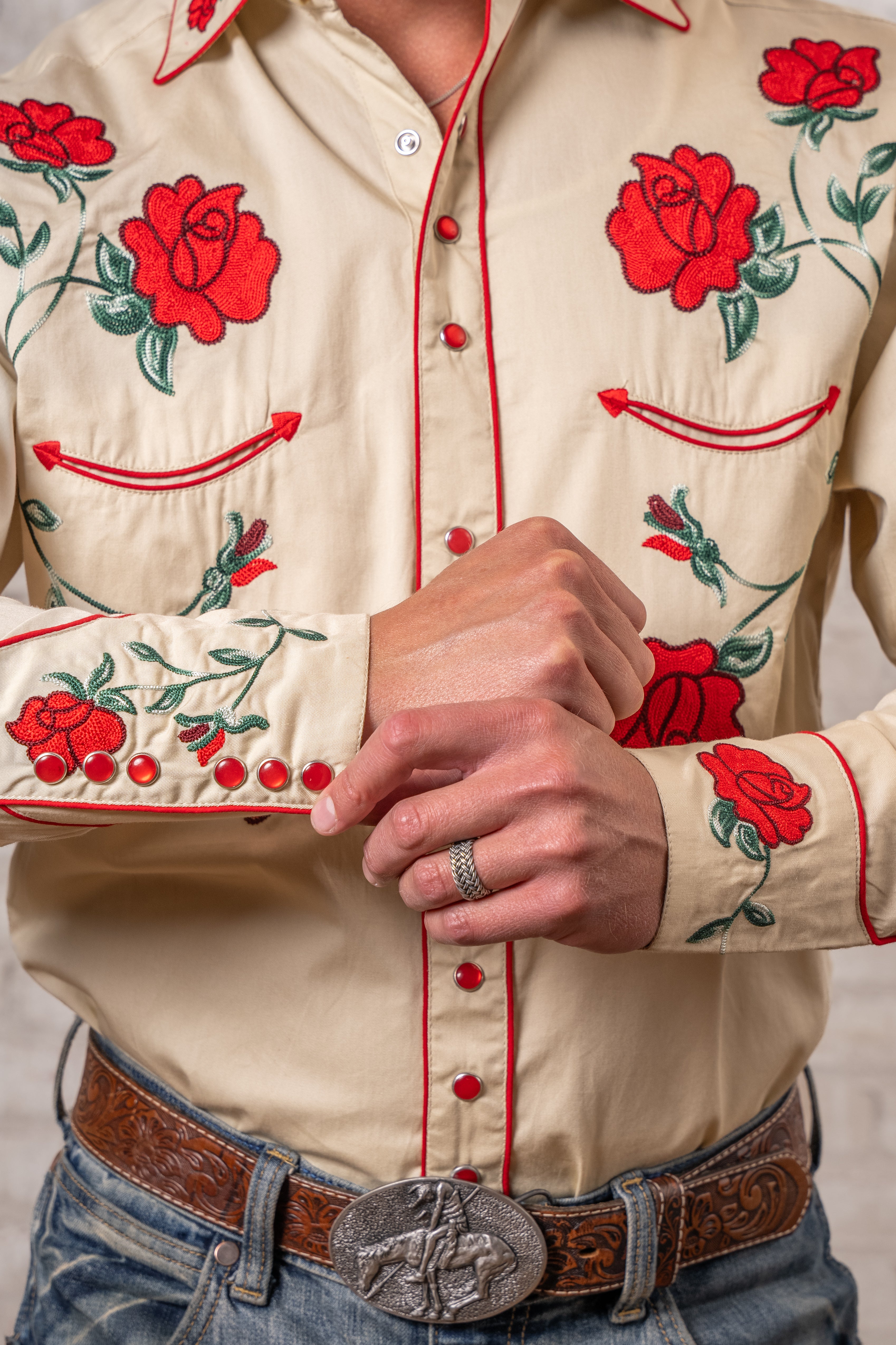 Rockmount Men's Vintage Khaki Crochet Red Floral Embroidered
