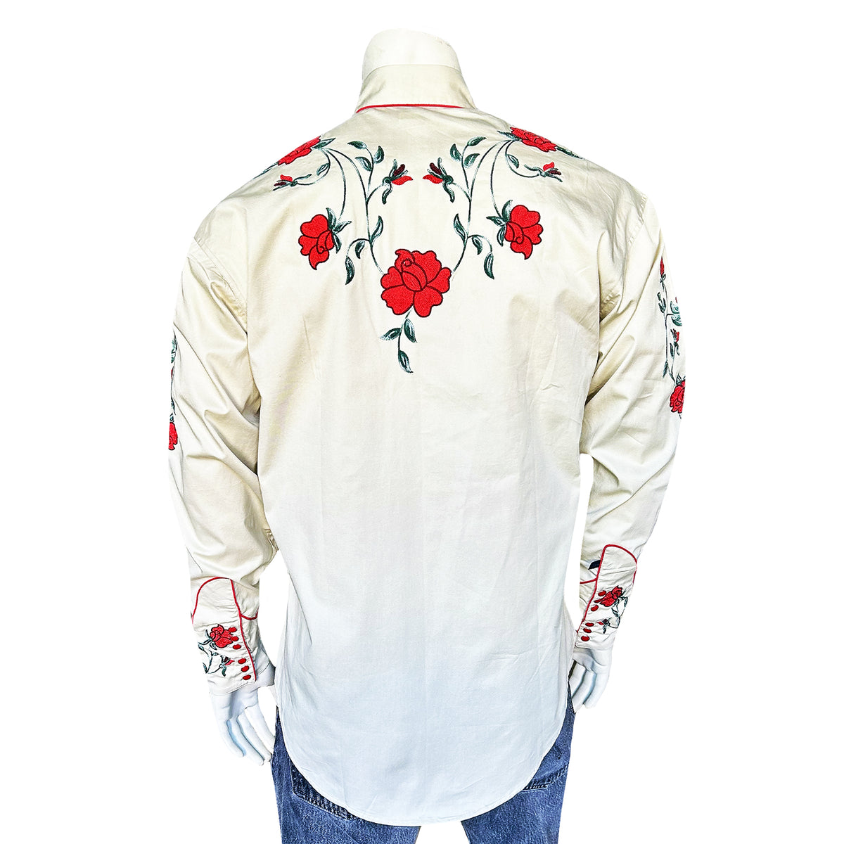 Men's Vintage Khaki Crochet Rose Floral Embroidered Western Shirt