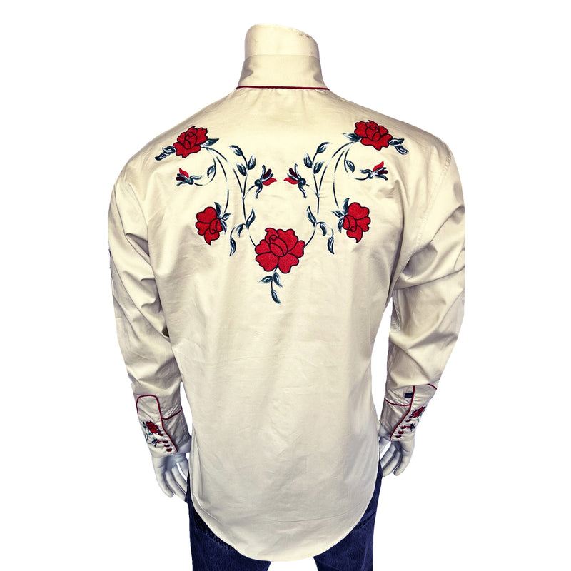 Men’s Vintage Khaki Crochet Rose Embroidered Western Shirt