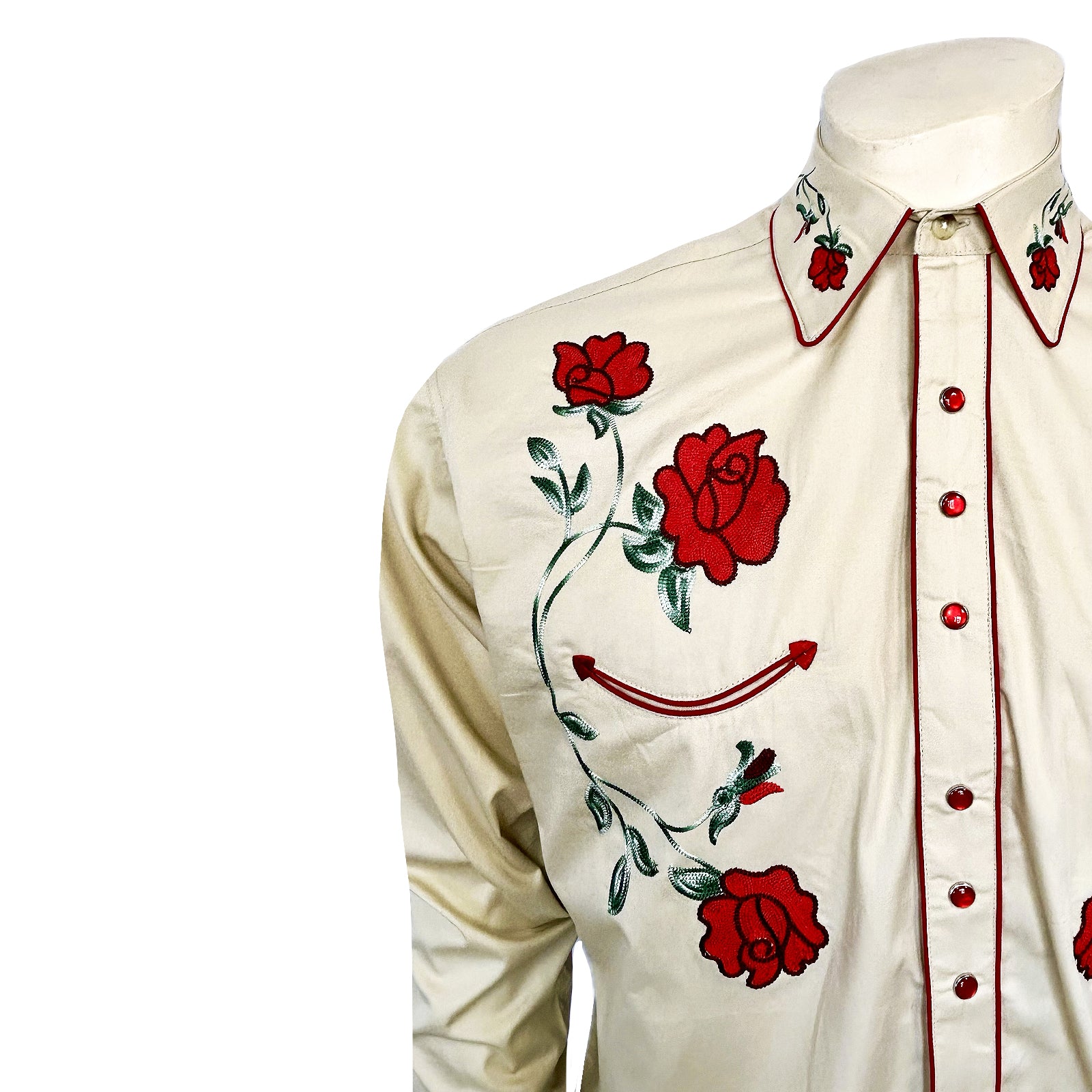 Men’s Vintage Khaki Crochet Rose Embroidered Western Shirt
