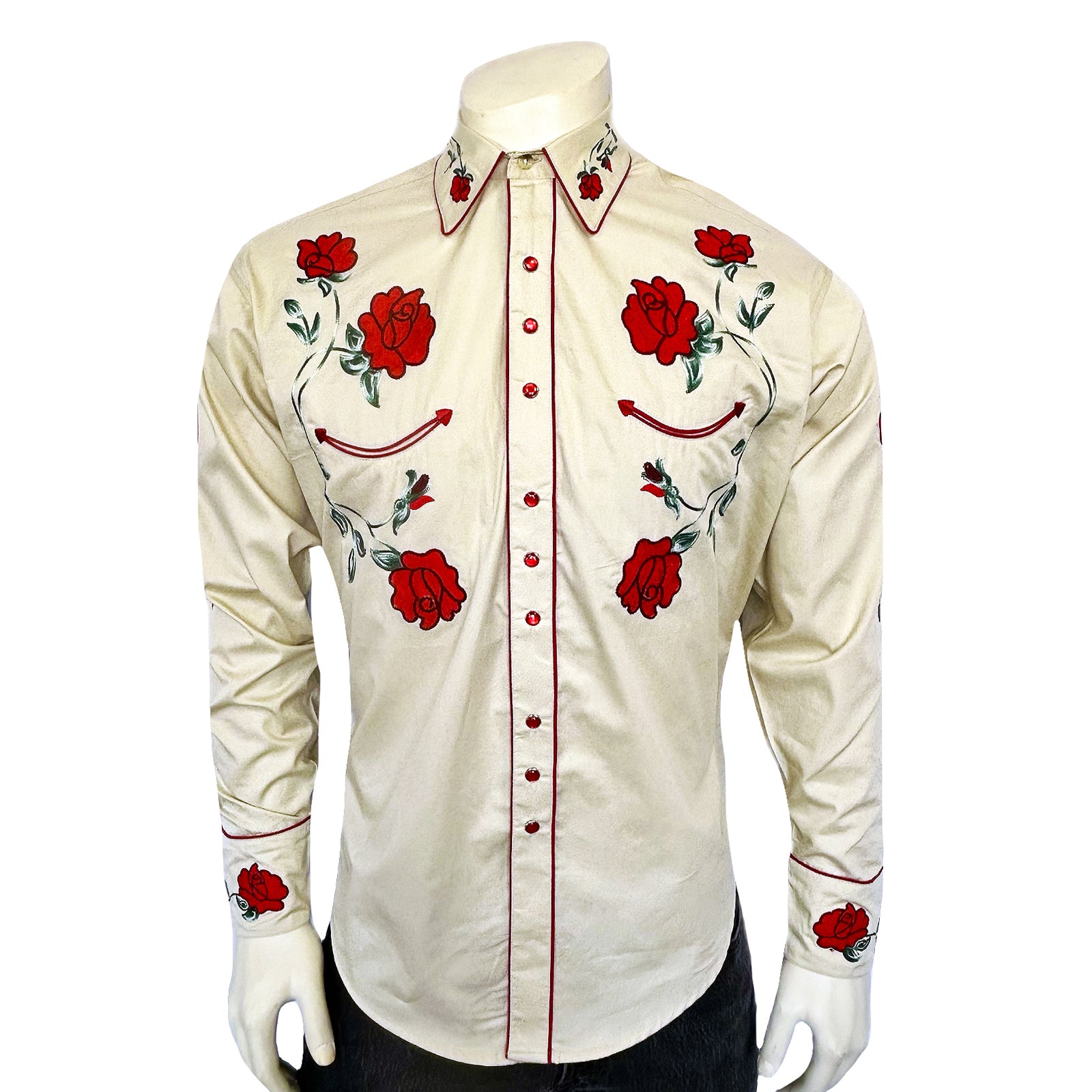 Men’s Vintage Khaki Crochet Rose Embroidered Western Shirt