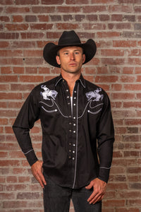 Men's Vintage Bronc Embroidered Western Shirt in Black & White