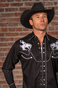 Men's Vintage Bronc Embroidered Western Shirt in Black & White