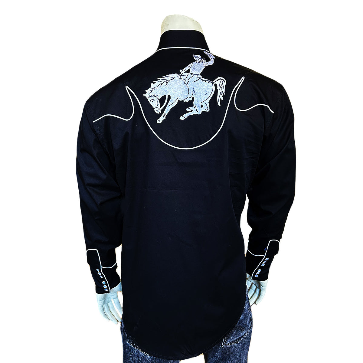 Men's Vintage Bronc Embroidered Western Shirt in Black & White