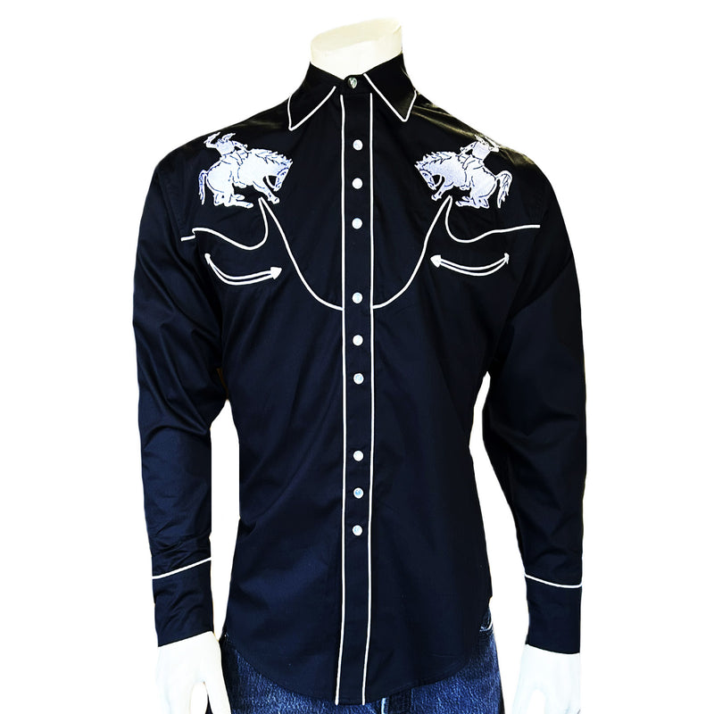 Men's Vintage Bronc Embroidered Western Shirt in Black & White