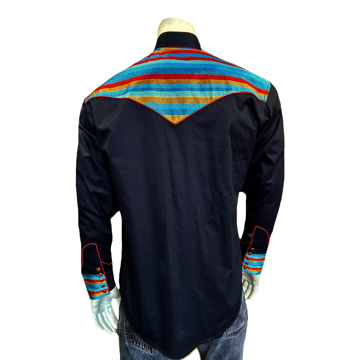 Men's 2-Tone Serape Stripe Embroidery Western Shirt in Black & Turquoise