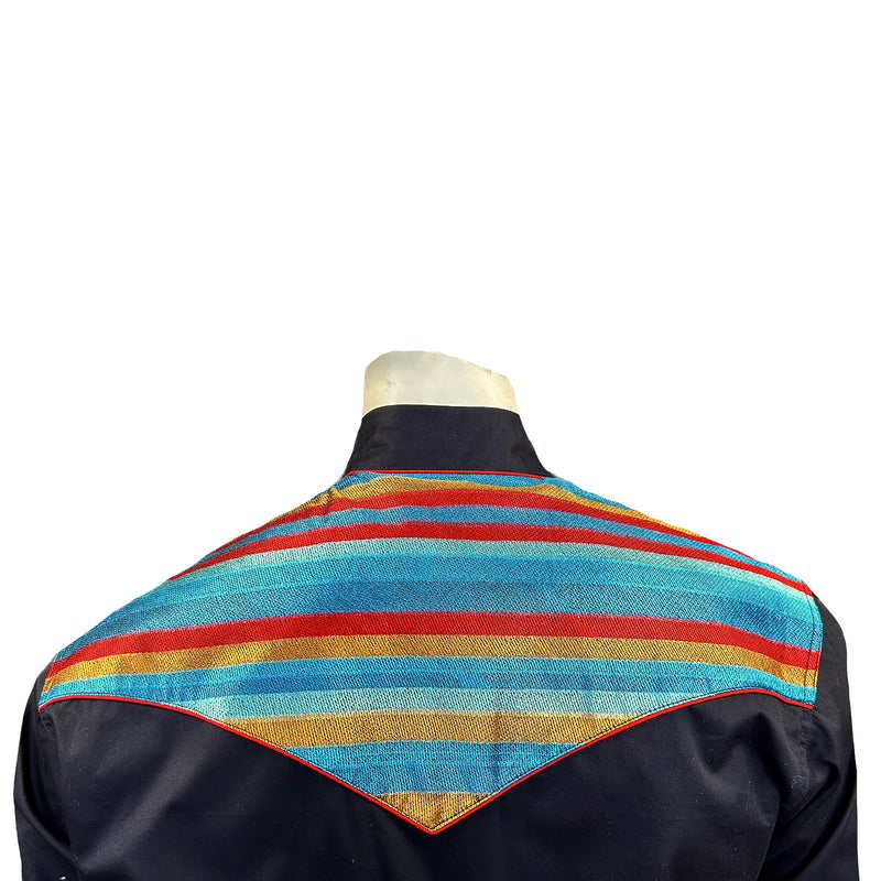 Men's 2-Tone Serape Stripe Embroidery Western Shirt in Black & Turquoise