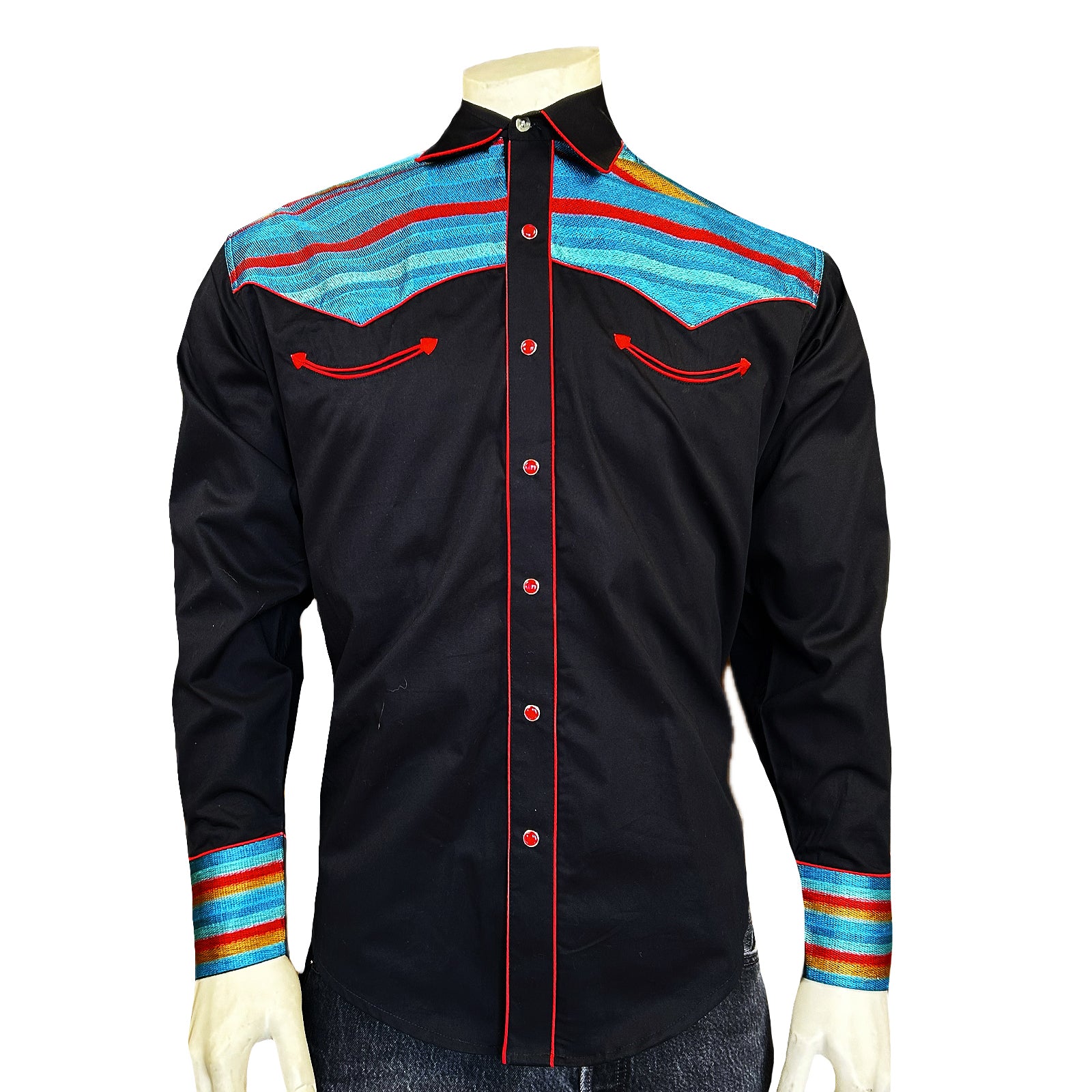 Men's 2-Tone Serape Stripe Embroidered Western Shirt in Black & Turquoise