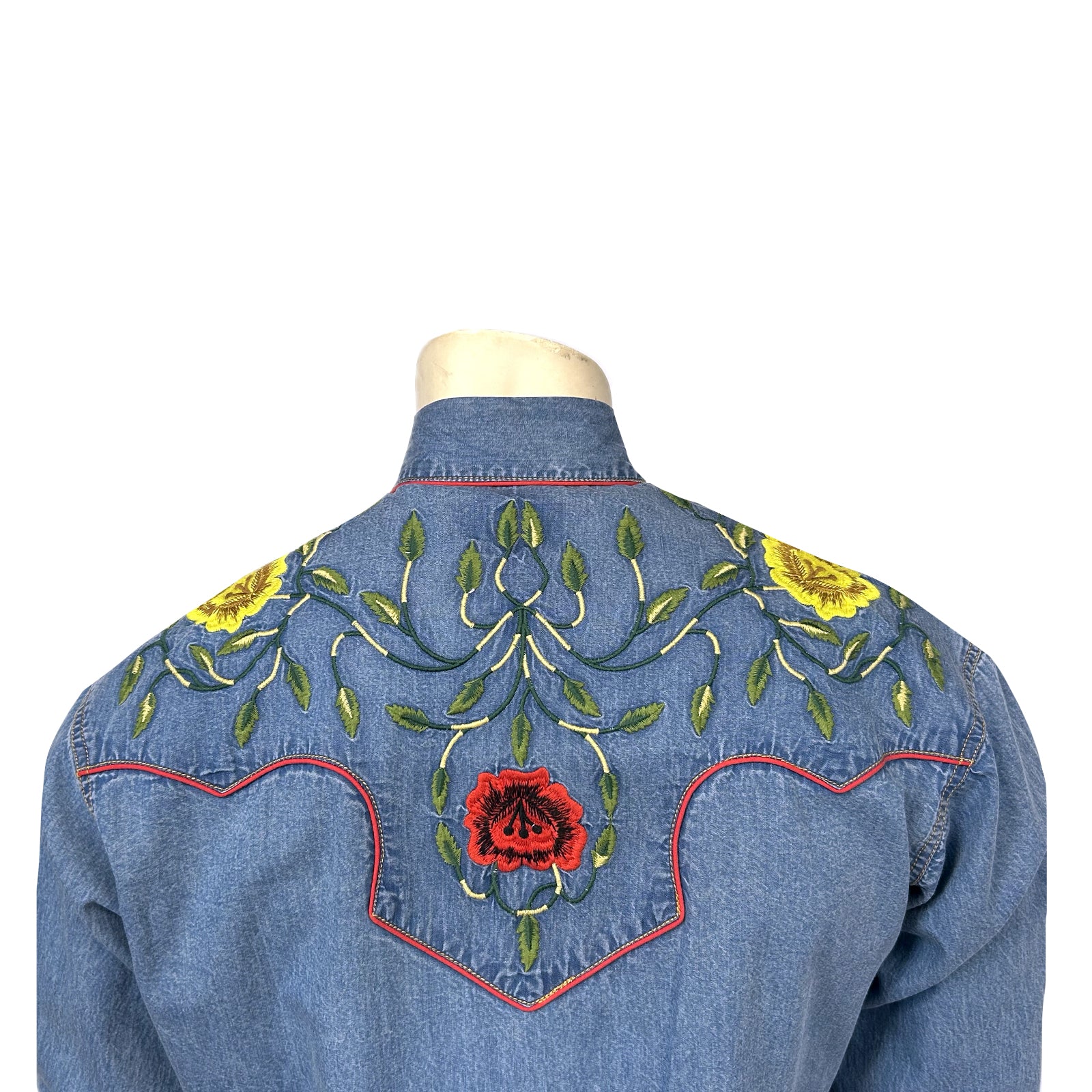 Men's Vintage Denim Floral Embroidered Western Shirt