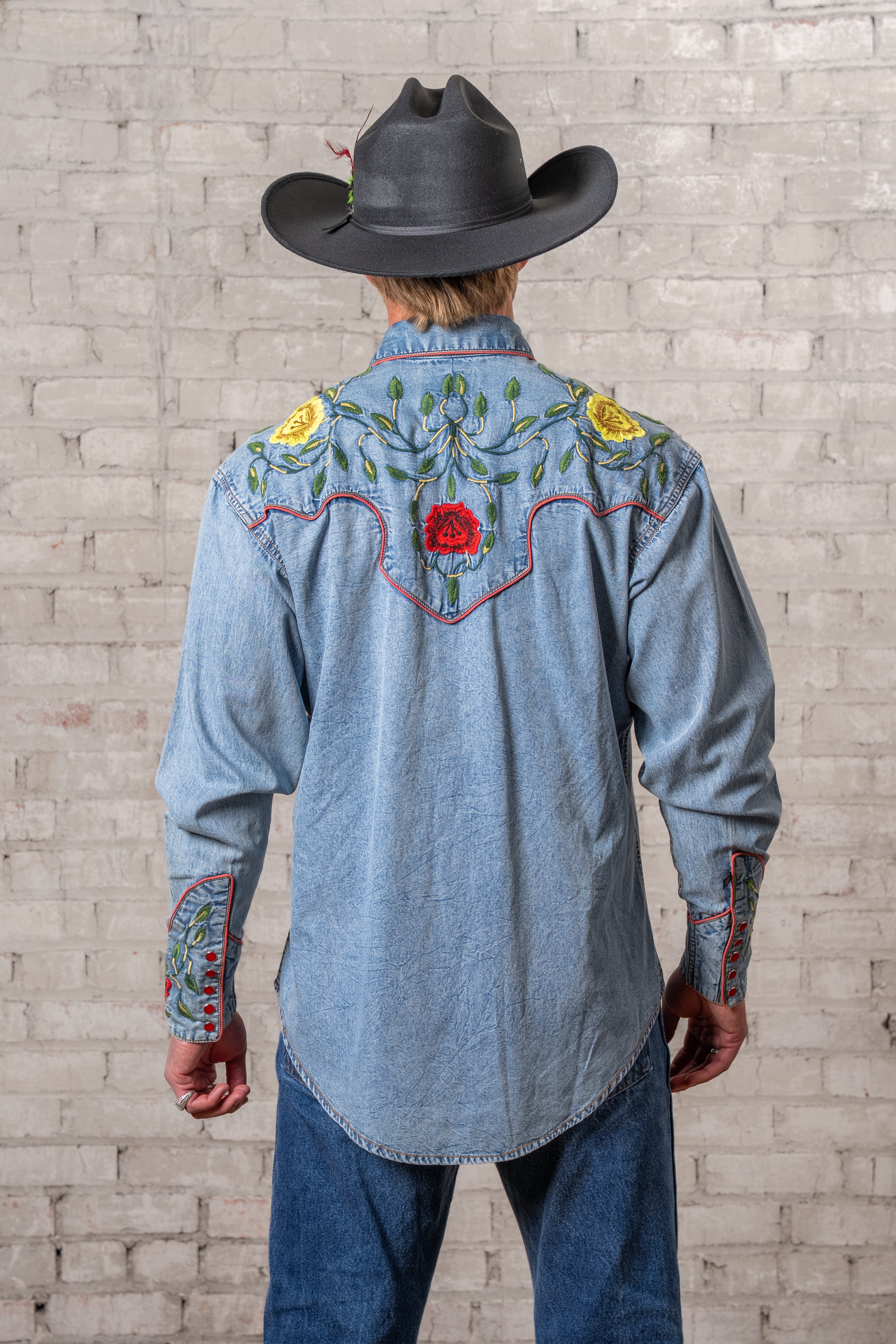 Rockmount Men's Floral Embroidered Vintage Denim Shirt