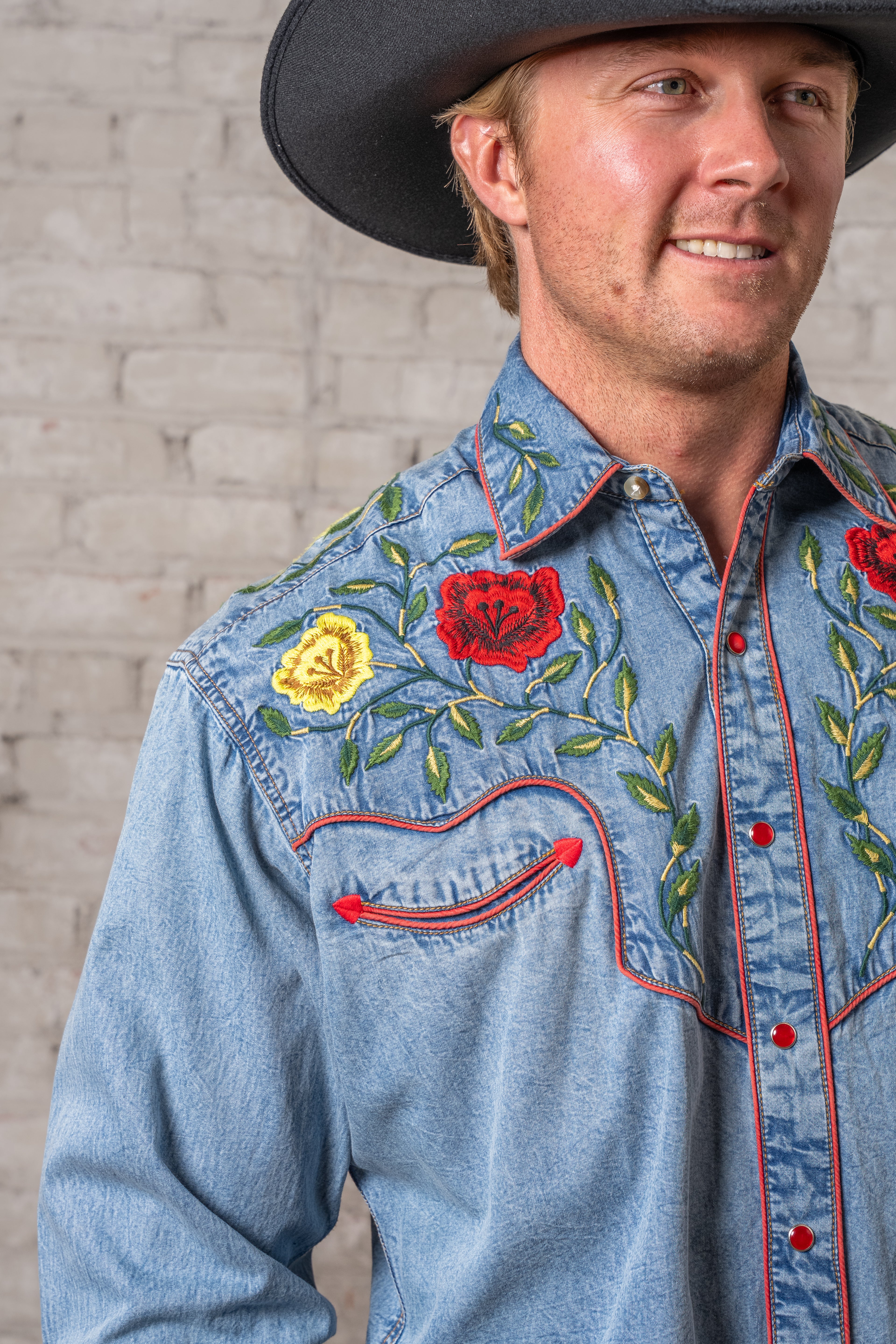 Rockmount Men's Floral Embroidered Vintage Denim Shirt