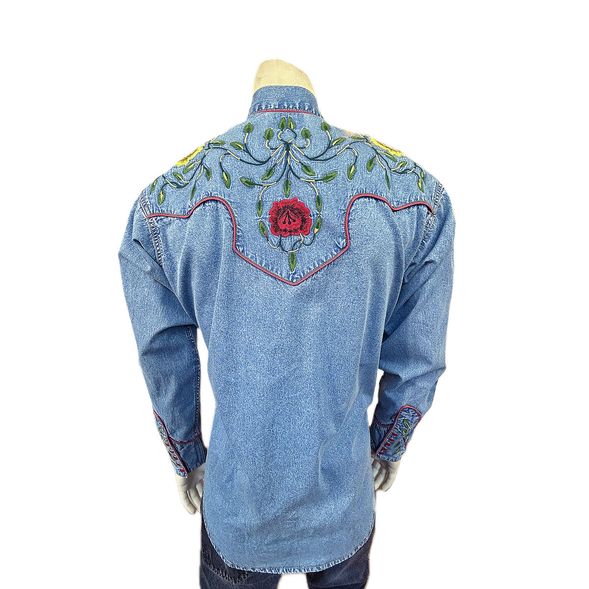 Men's Vintage Floral Embroidery Denim Western Shirt