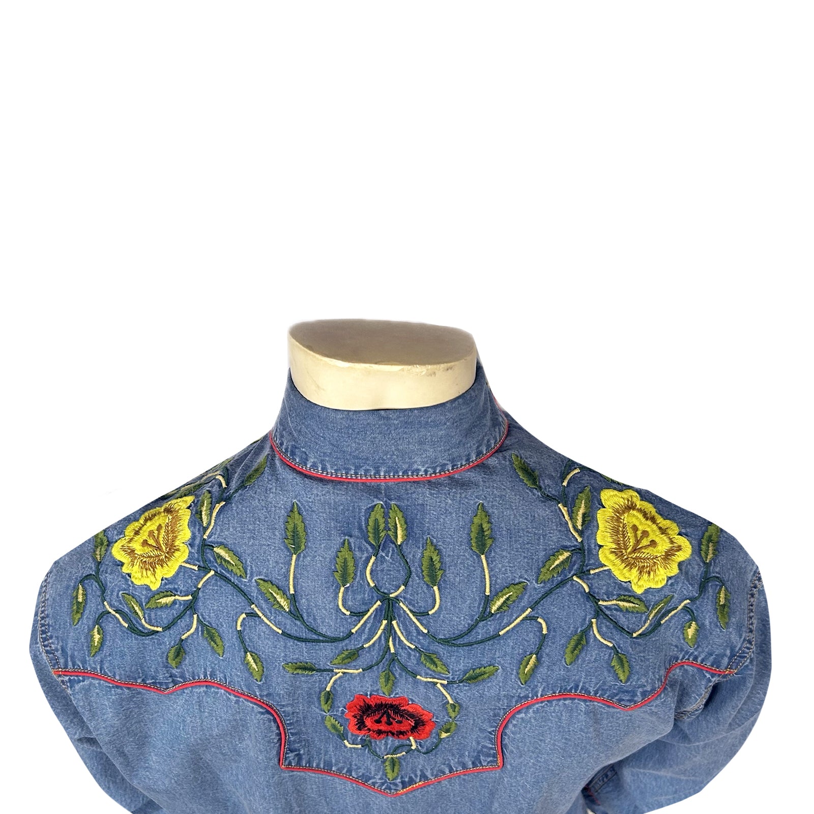 Men's Vintage Denim Floral Embroidered Western Shirt