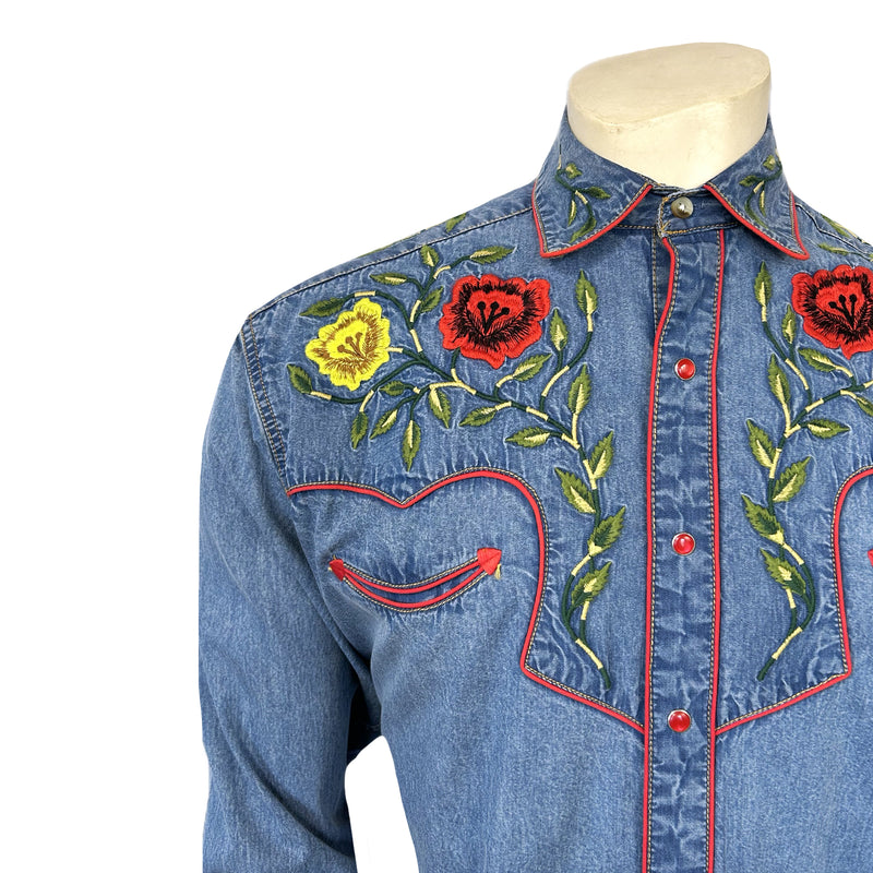 Men's Vintage Denim Floral Embroidered Western Shirt