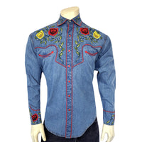 Men's Vintage Denim Floral Embroidered Western Shirt