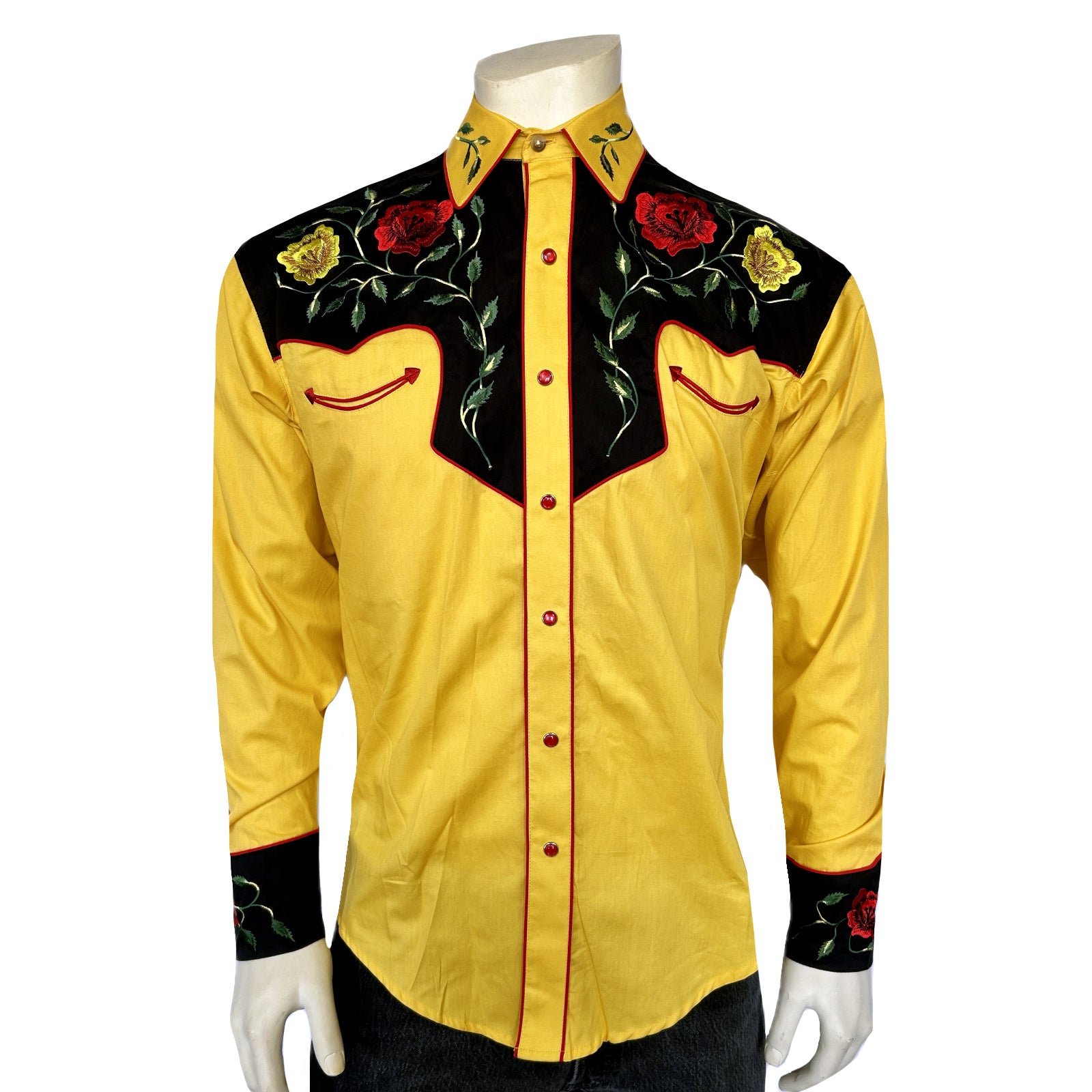 Men's 2-Tone Black & Gold Floral Embroidery Western Shirt