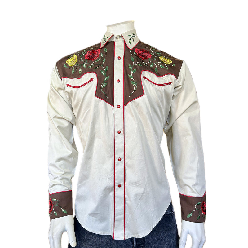 Rockmount Men's 2-Tone Tan & Brown Floral Embroidery Western Shirt