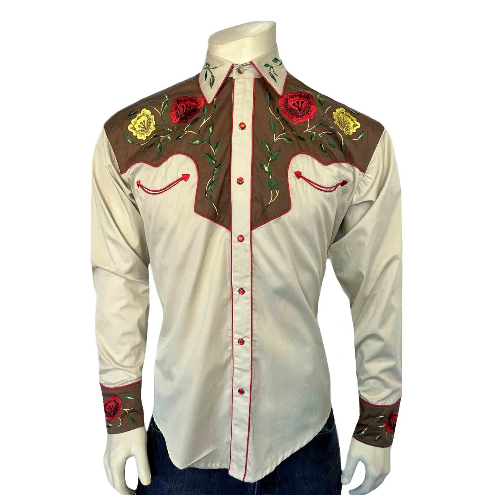 Men's 2-Tone Brown & Tan Floral Embroidered Western Shirt - XS Men's 2-Tone Brown & Tan Floral Embroidered Western Shirt - XS