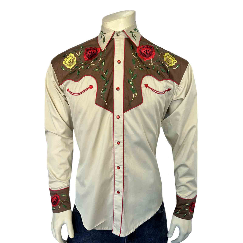 Men's 2-Tone Brown & Tan Floral Embroidered Western Shirt