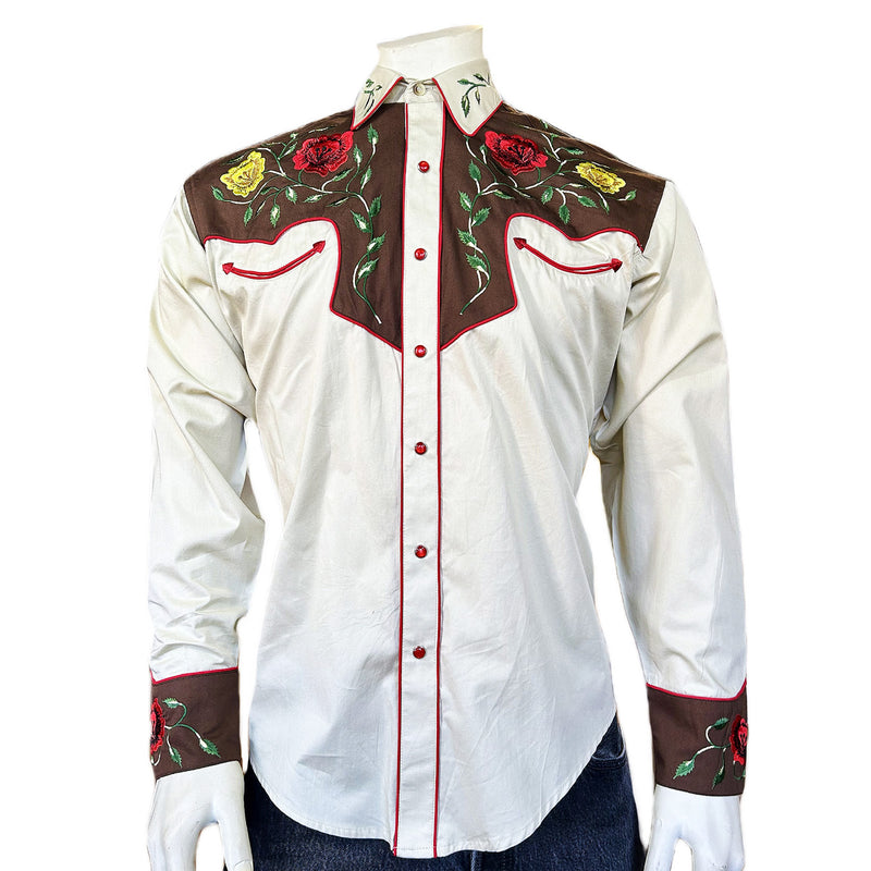 Men's 2-Tone Brown & Tan Floral Embroidered Western Shirt