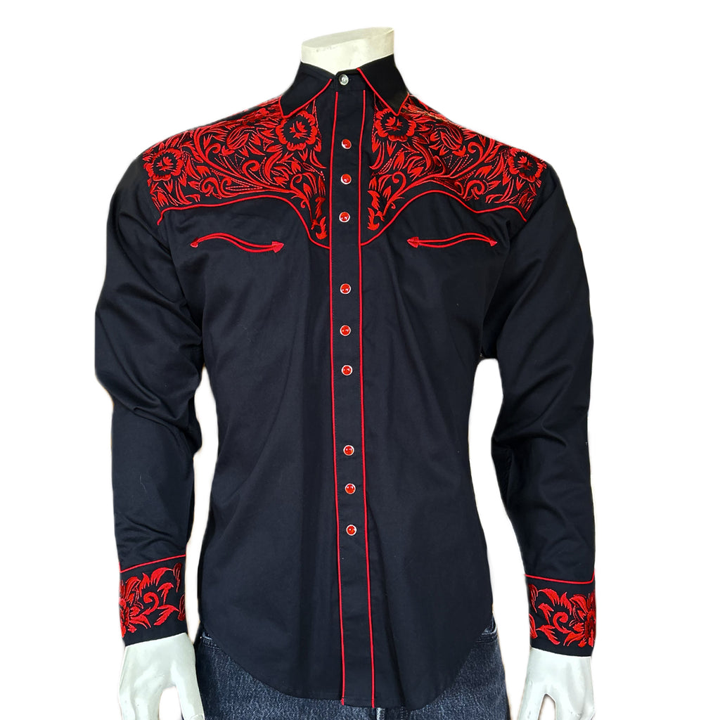 Rockmount Men's Vintage Tooling Black & Red Embroidered Western Shirt
