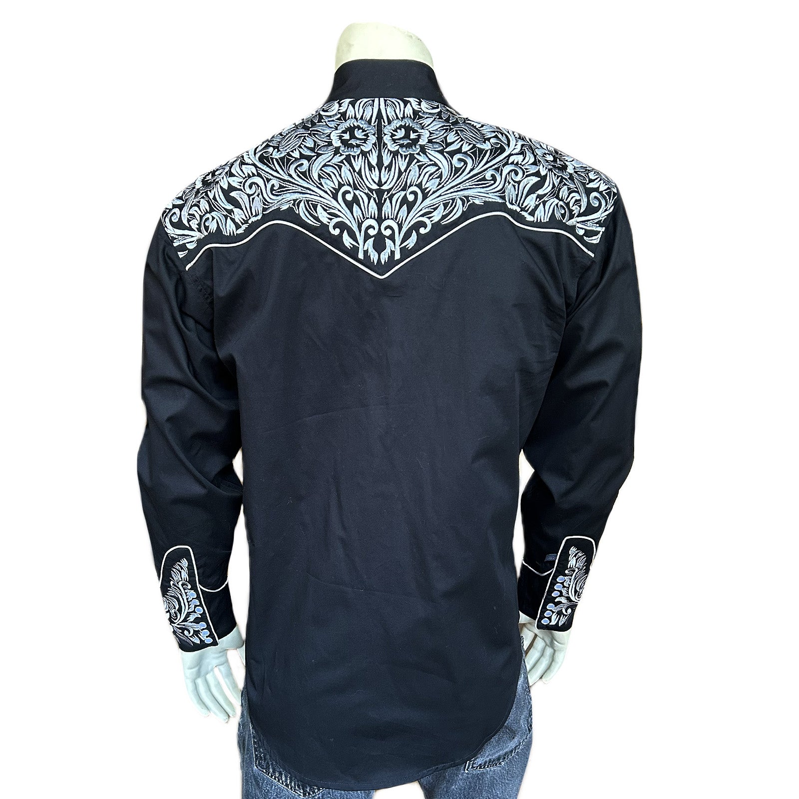 Men's Vintage Tooling Embroidered Black & Silver Western Shirt