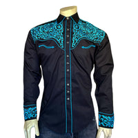 Men's Vintage Tooling Embroidered Black & Turquoise Western Shirt