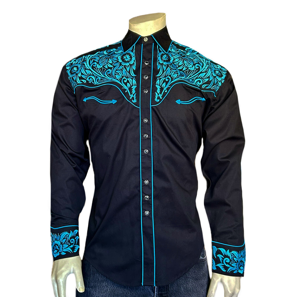 Rockmount Men's Floral Tooling Black & Turquoise Western Shirt