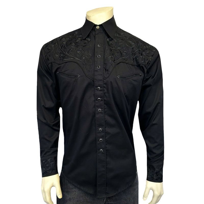 Men's Vintage Black-on-Black Tooling Embroidered Western Shirt - XS Men's Vintage Black-on-Black Tooling Embroidered Western Shirt - XS
